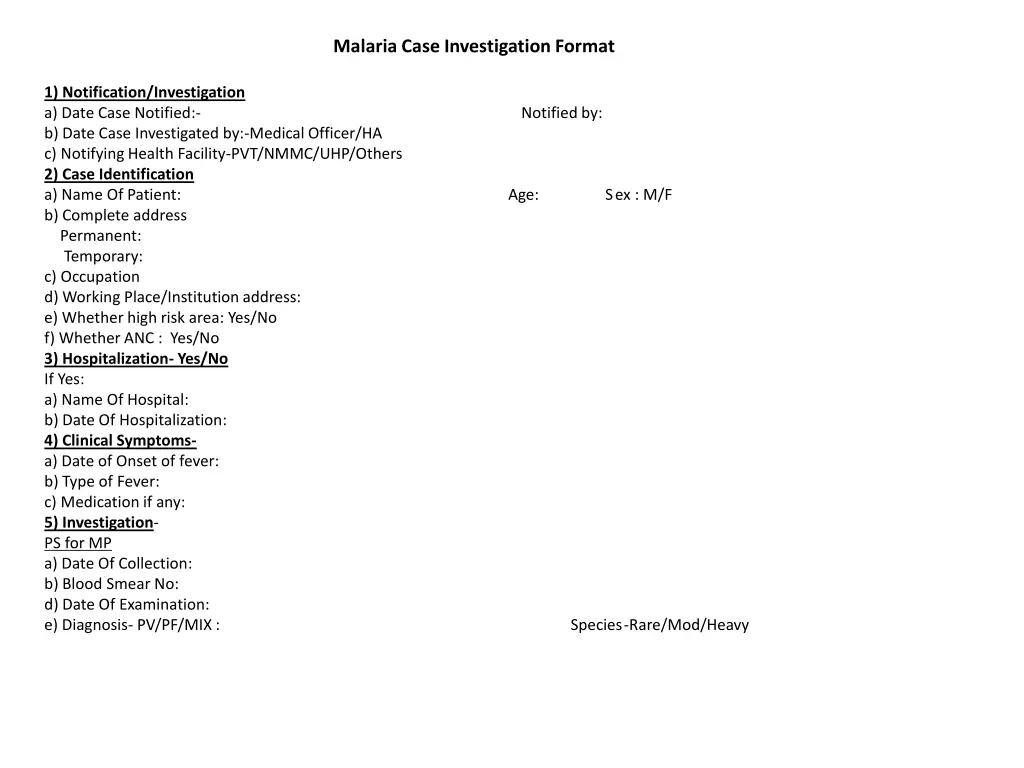 malaria case investigation format