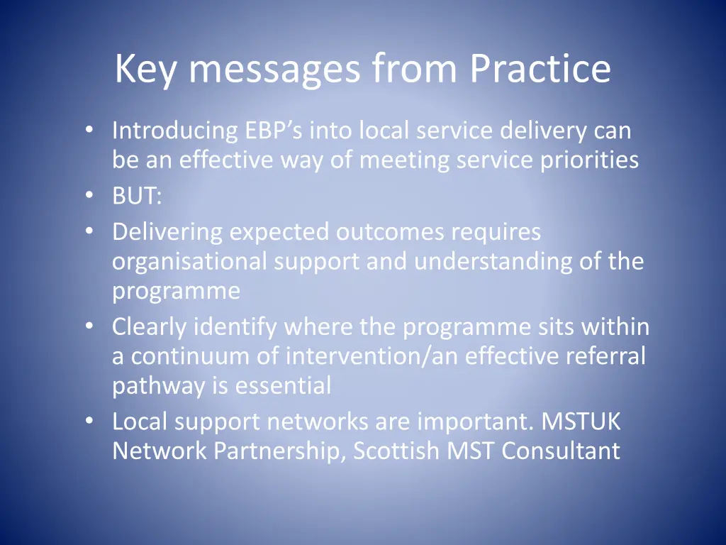 key messages from practice