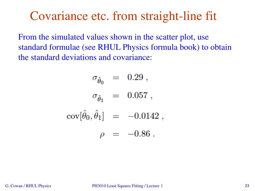 covariance etc from straight line fit