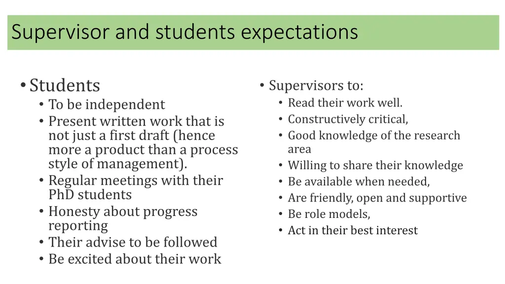 supervisor and students expectations