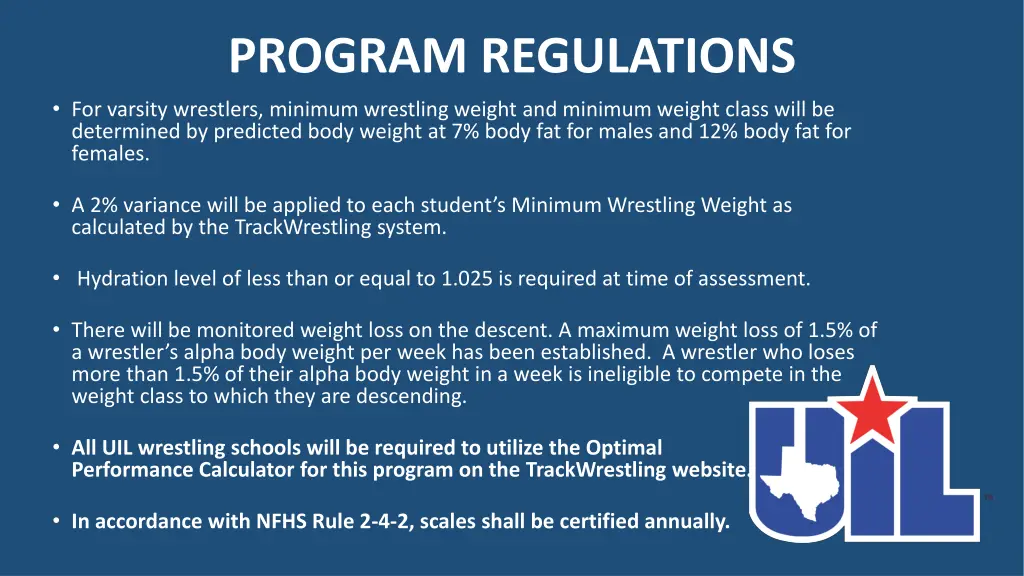 program regulations for varsity wrestlers minimum