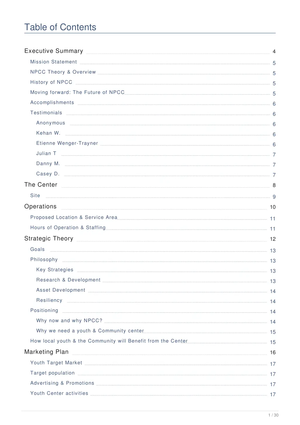 table of contents