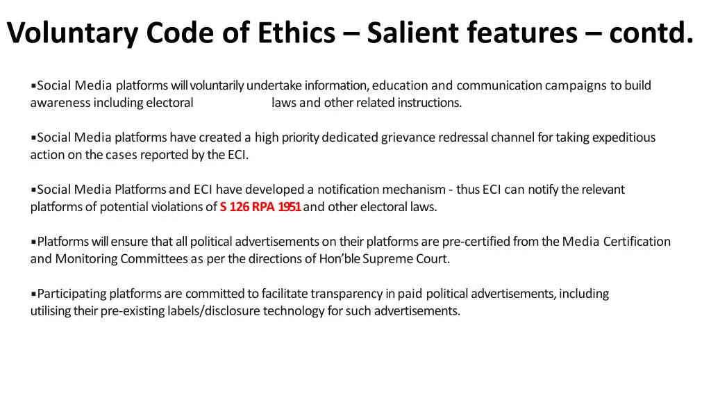 voluntary code of ethics salient features contd