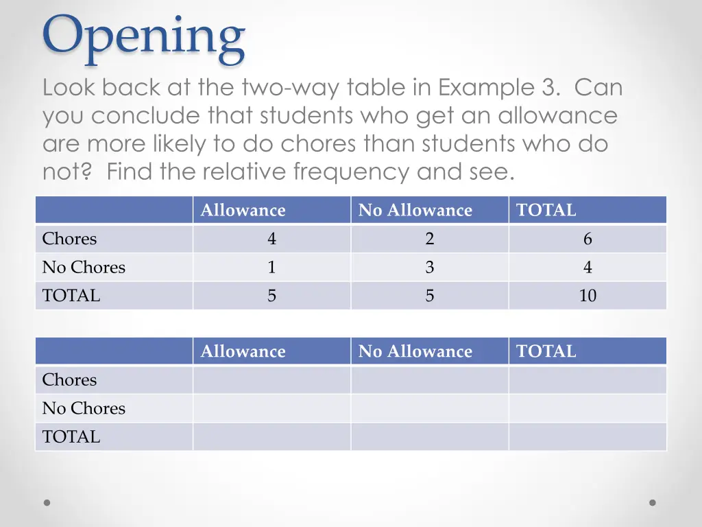 opening look back at the two way table in example