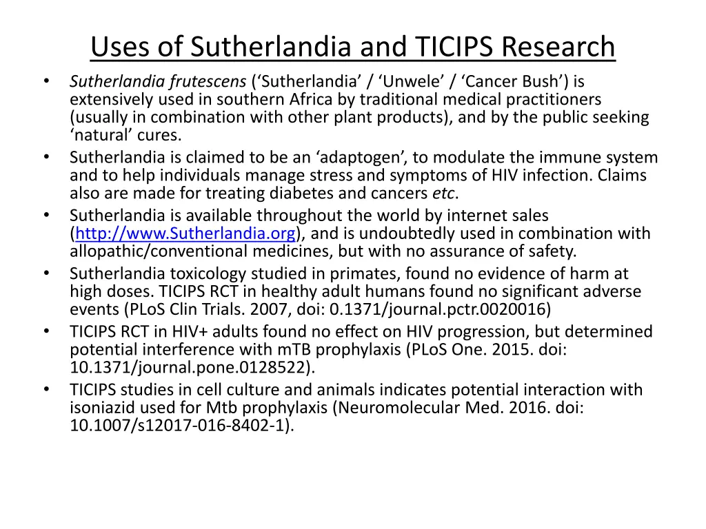 uses of sutherlandia and ticips research