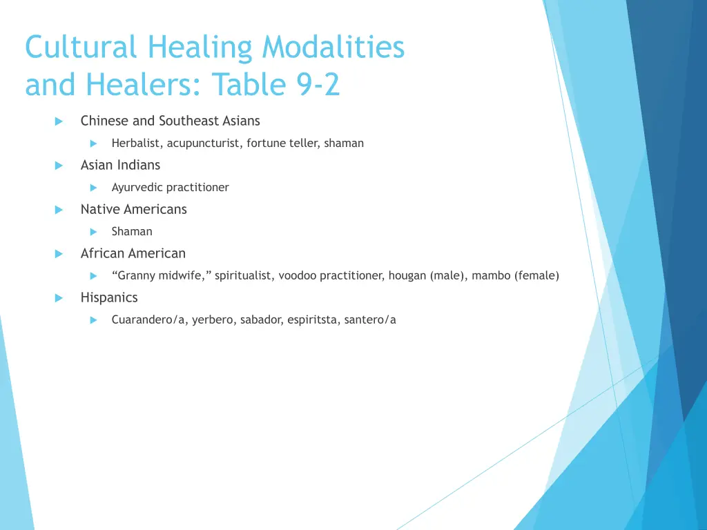 cultural healing modalities and healers table 9 2