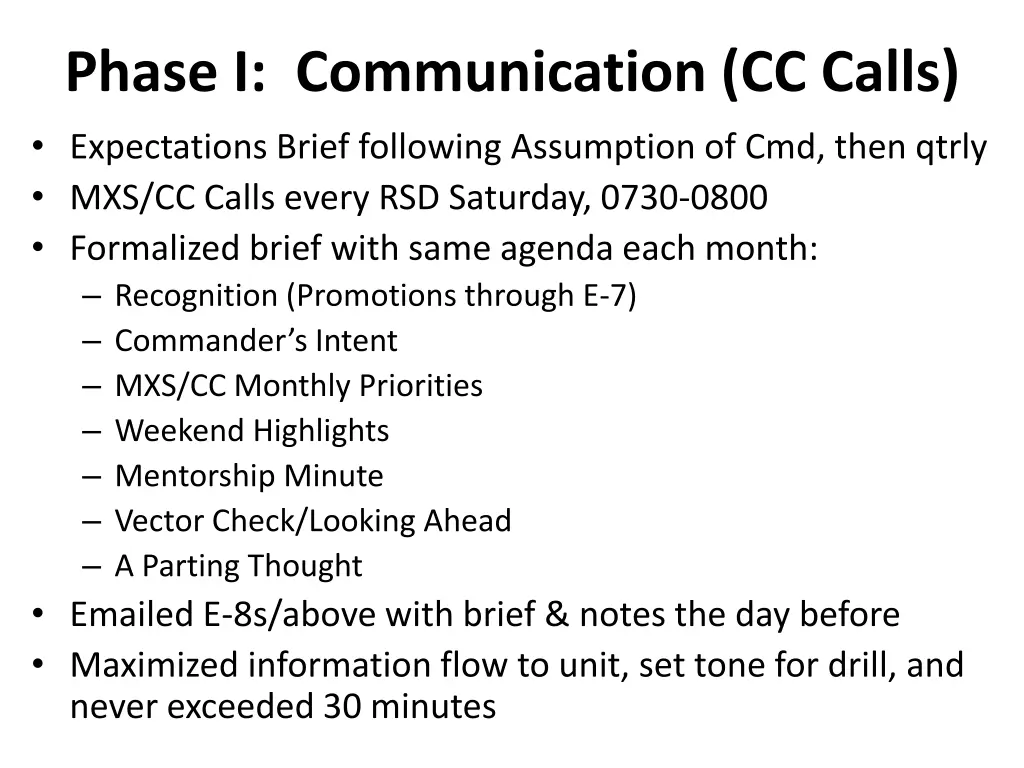 phase i communication cc calls expectations brief