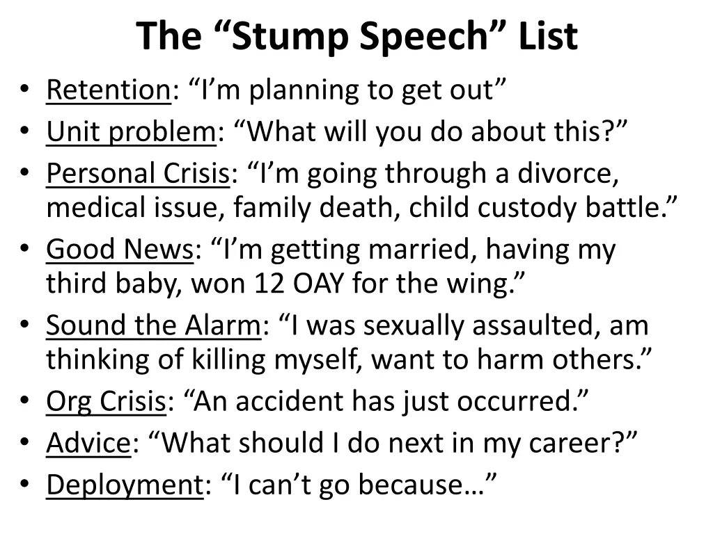 the stump speech list retention i m planning