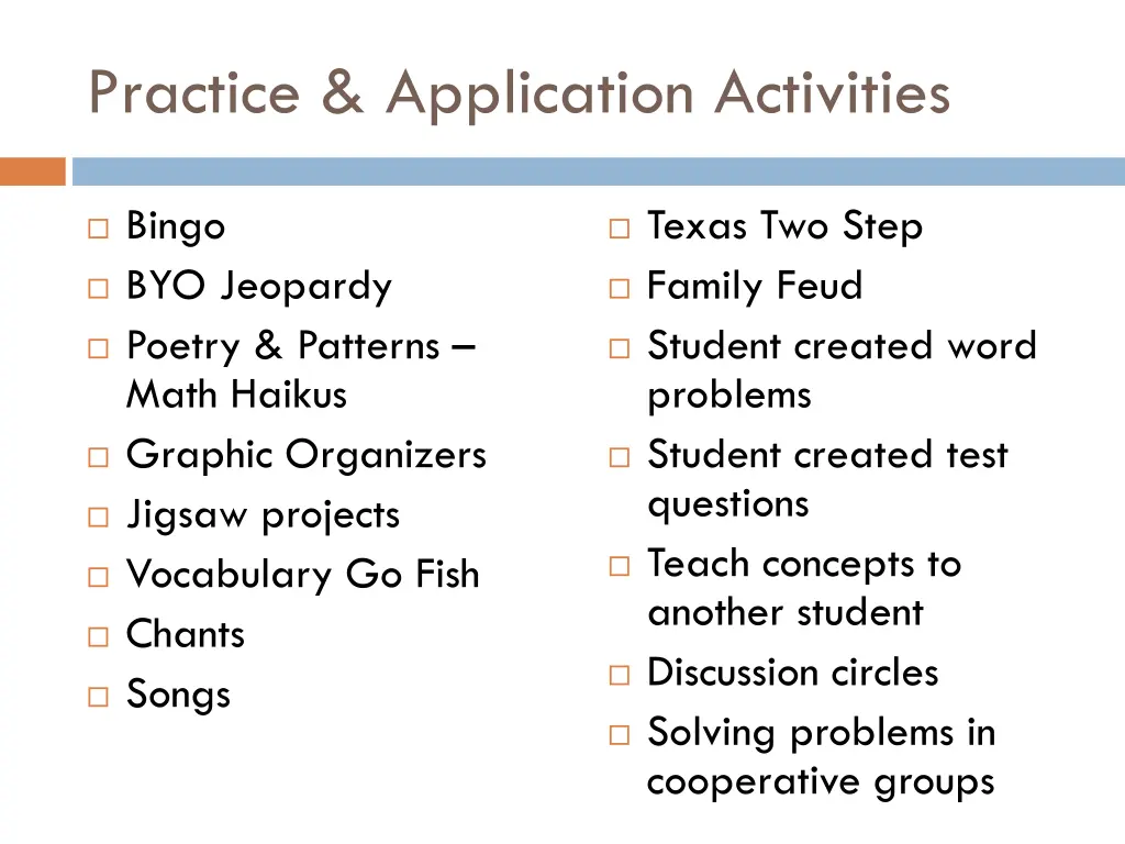 practice application activities