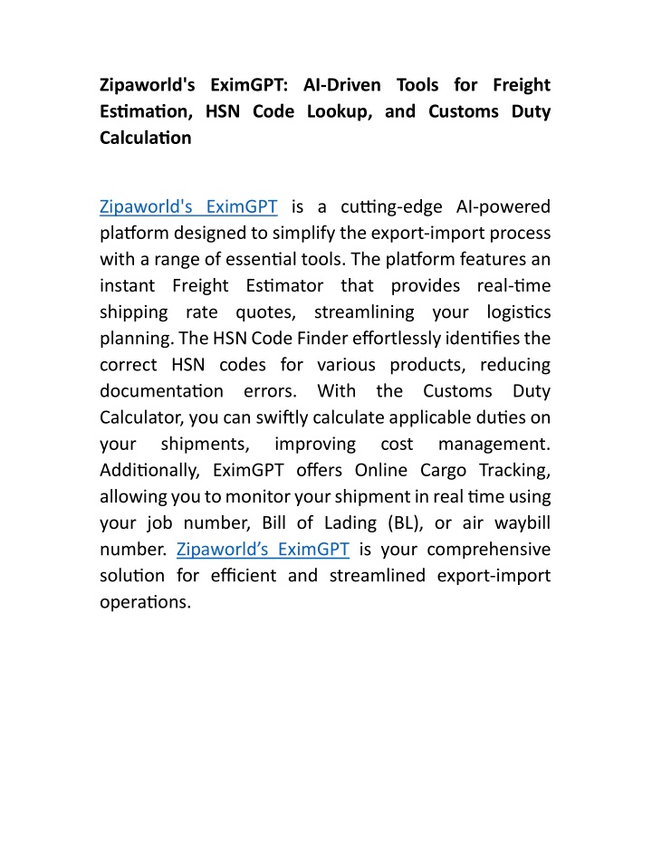 zipaworld s eximgpt ai driven tools for freight