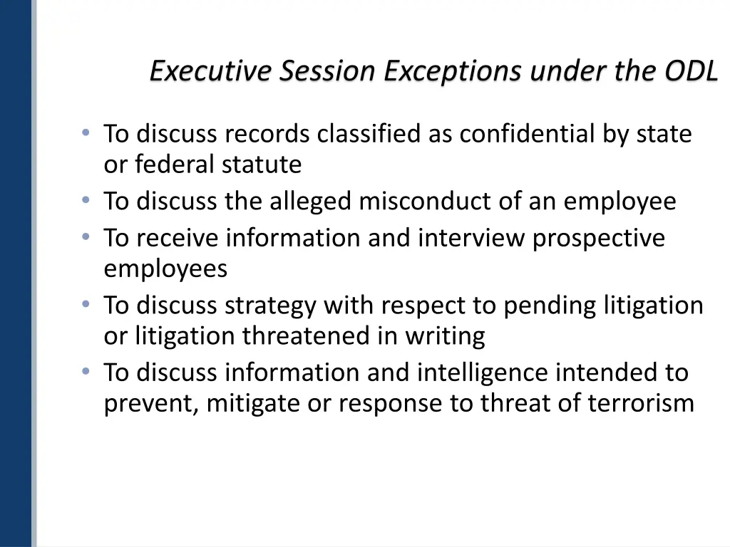 executive session exceptions under the odl