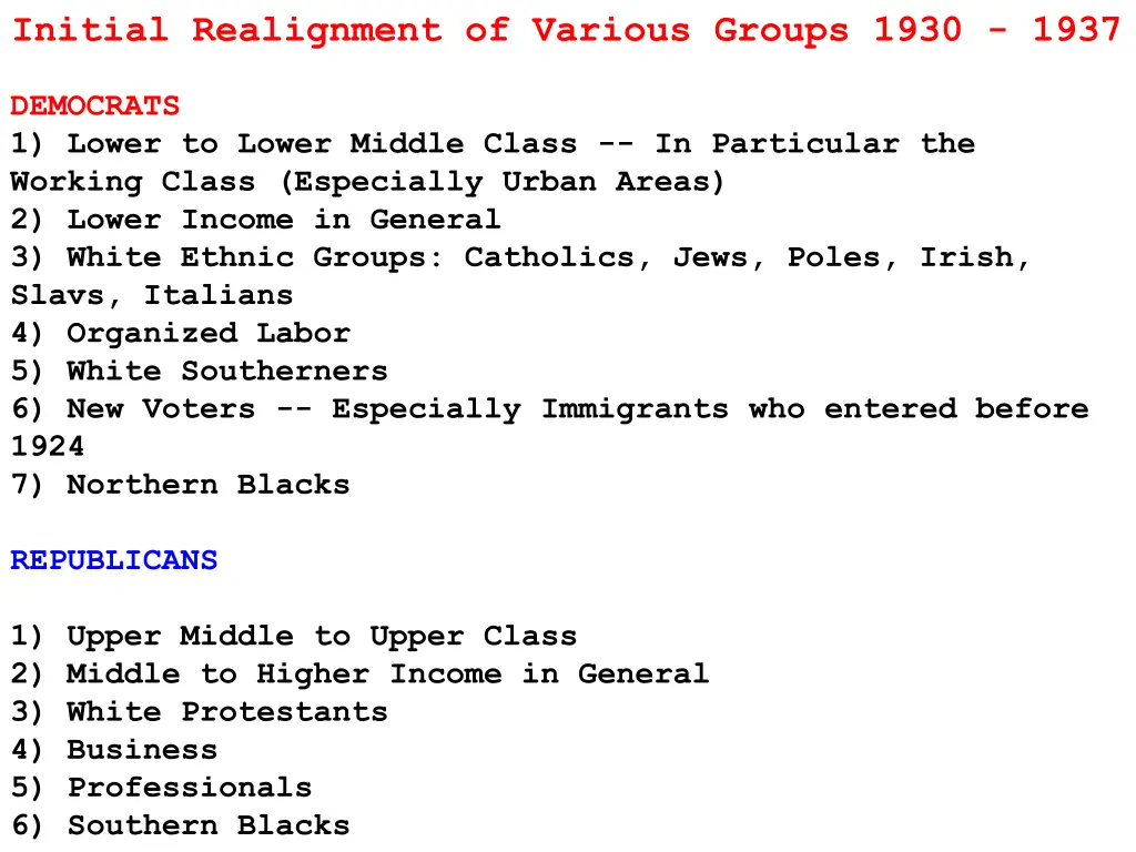 initial realignment of various groups 1930 1937