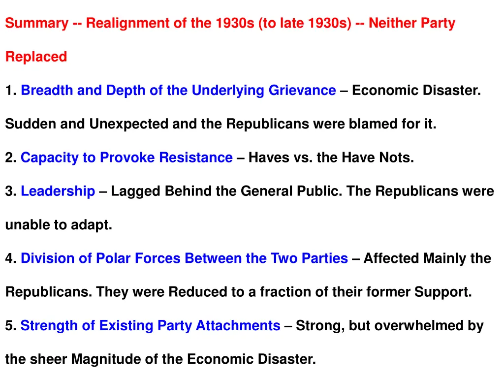 summary realignment of the 1930s to late 1930s