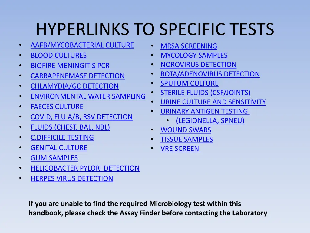 hyperlinks to specific tests aafb mycobacterial