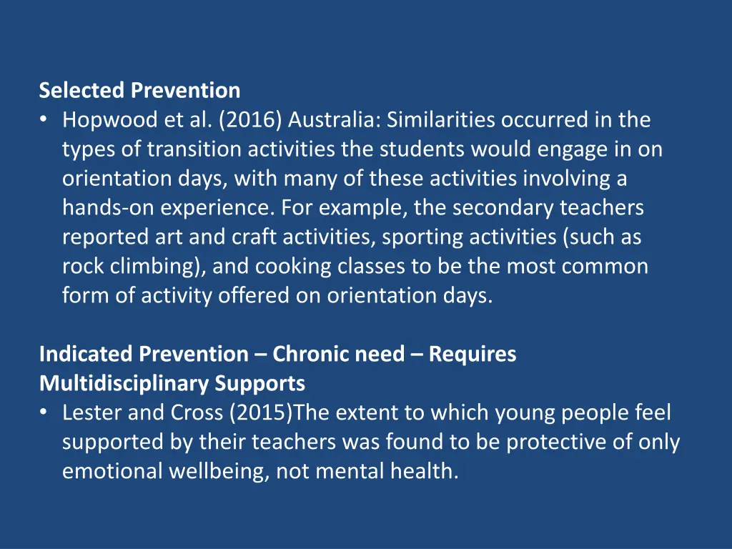 selected prevention hopwood et al 2016 australia