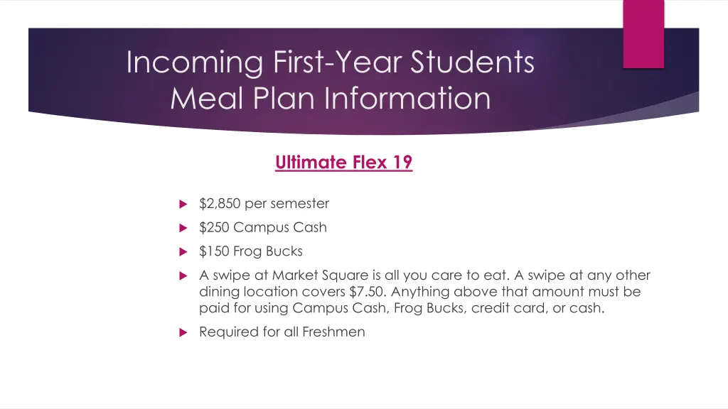 incoming first year students meal plan information