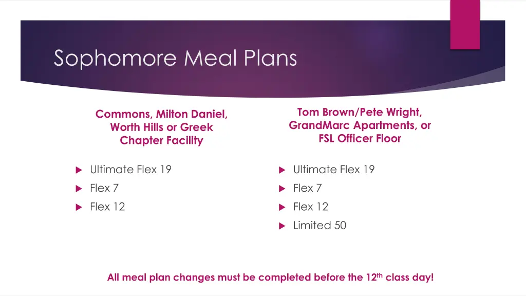 sophomore meal plans