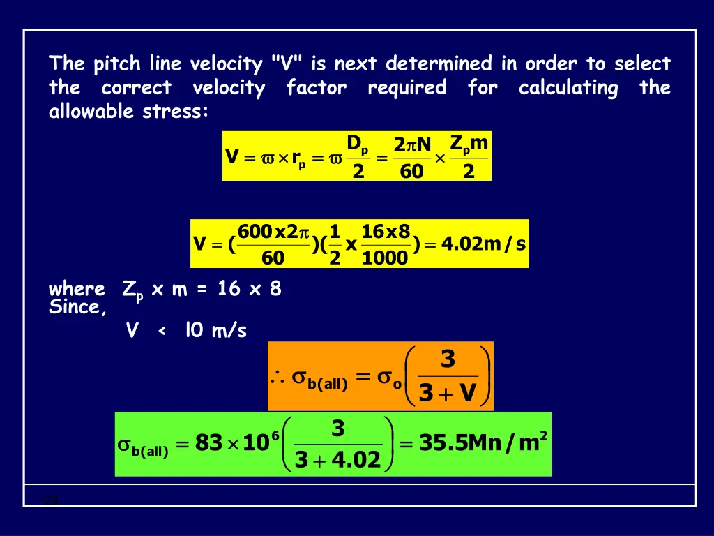 the pitch line velocity v is next determined