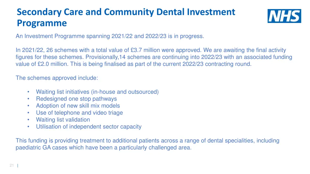 secondary care and community dental investment