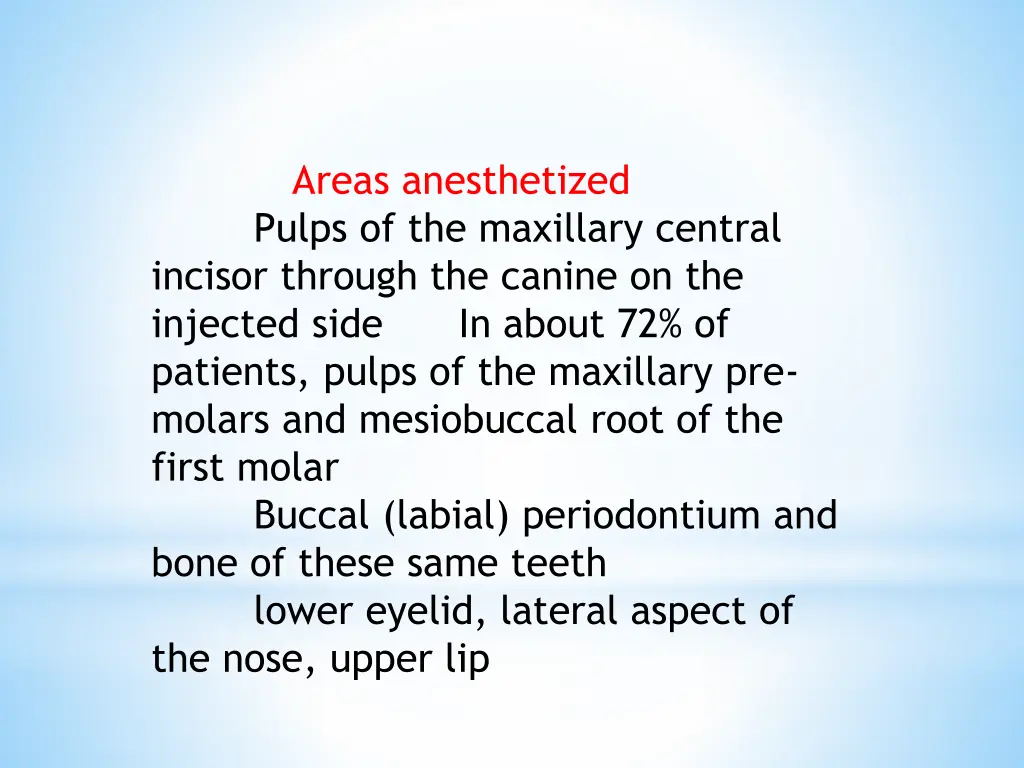 areas anesthetized pulps of the maxillary central