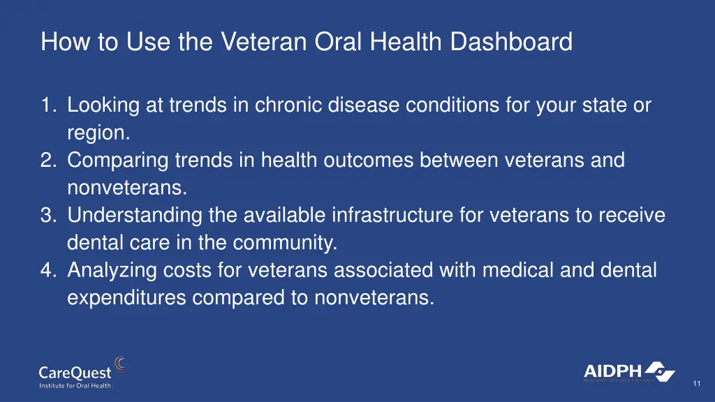 how to use the veteran oral health dashboard