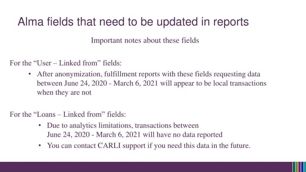 alma fields that need to be updated in reports 3