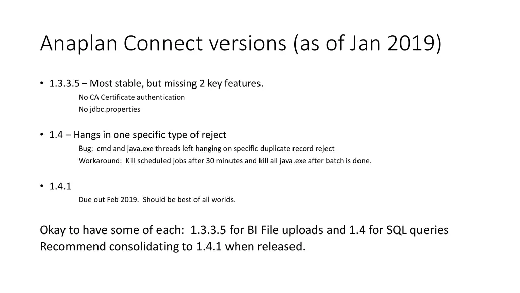 anaplan connect versions as of jan 2019