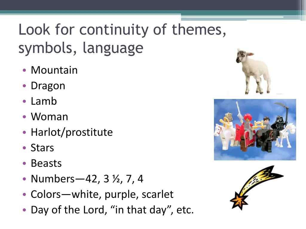 look for continuity of themes symbols language