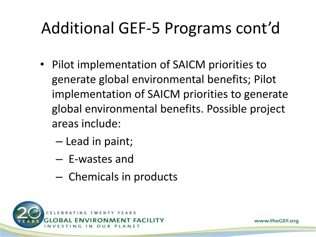 additional gef 5 programs cont d