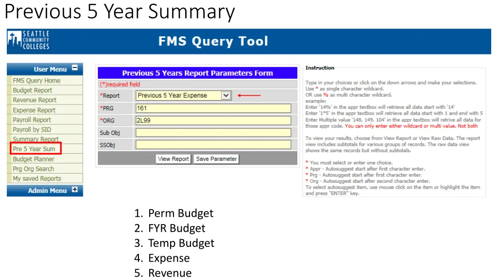 previous 5 year summary