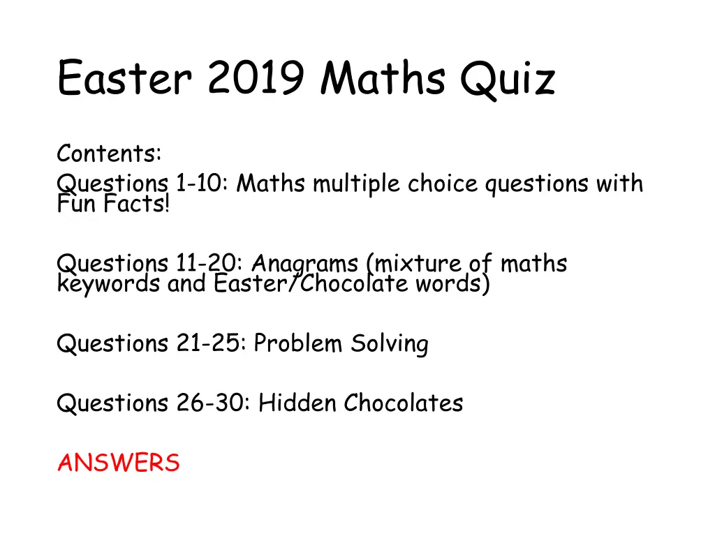 easter 2019 maths quiz 1