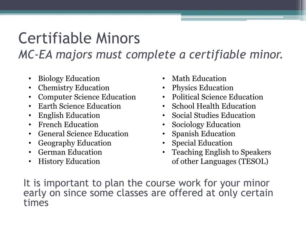 certifiable minors mc ea majors must complete