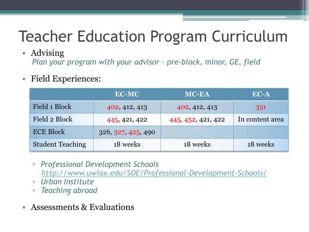 teacher education program curriculum advising