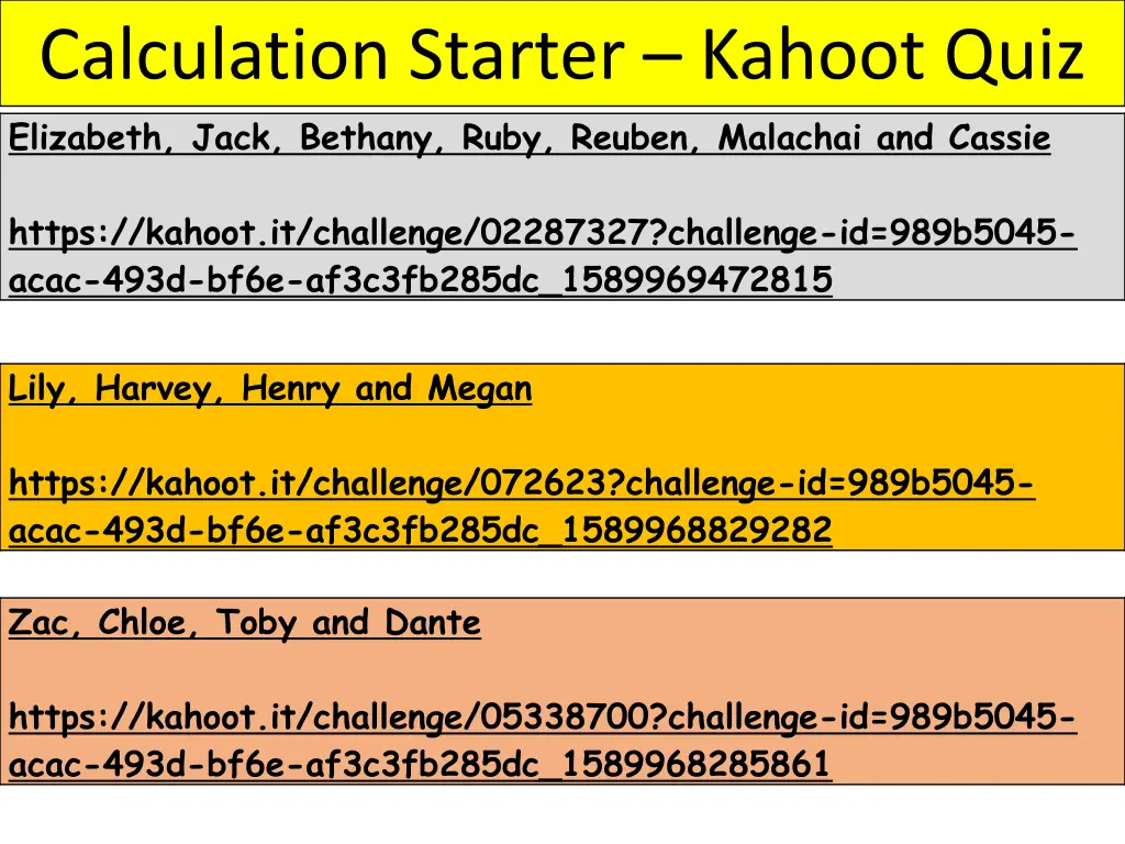 calculation starter kahoot quiz elizabeth jack