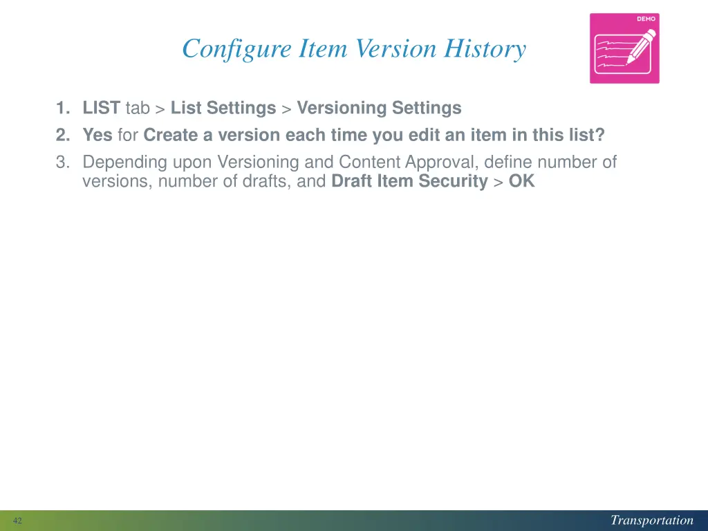 configure item version history