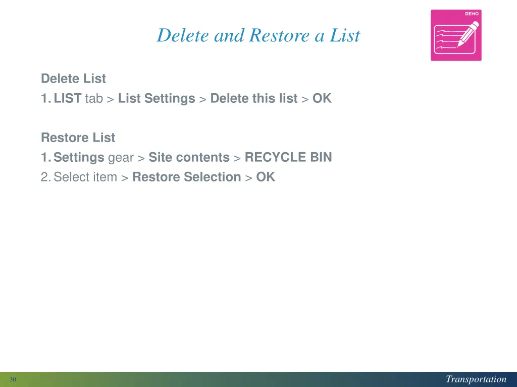 delete and restore a list