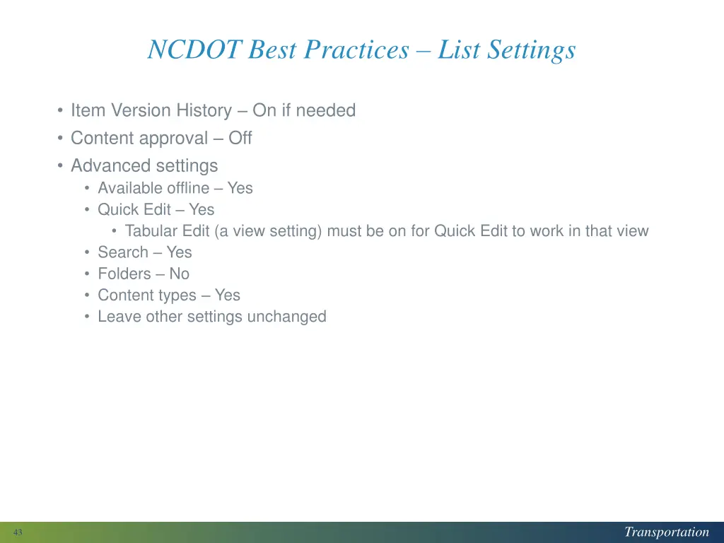 ncdot best practices list settings