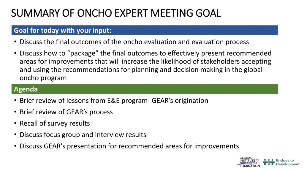 summary of oncho expert meeting goal summary