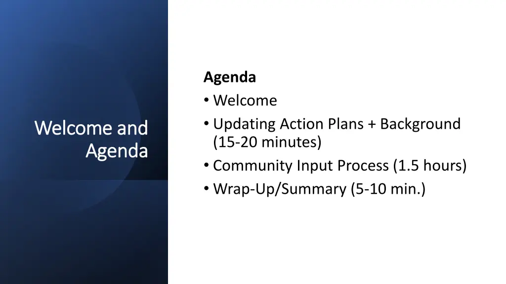 agenda welcome updating action plans background