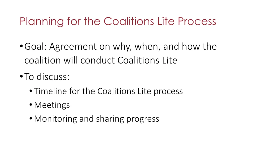 planning for the coalitions lite process