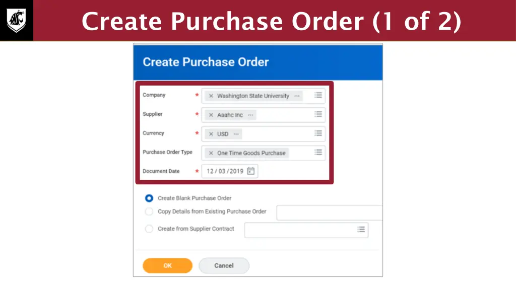 create purchase order 1 of 2