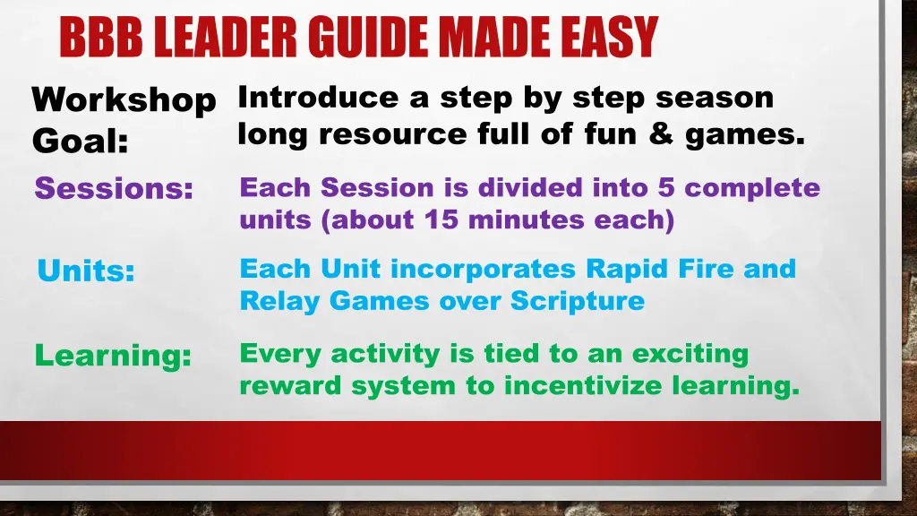 bbb leader guide made easy workshop goal sessions