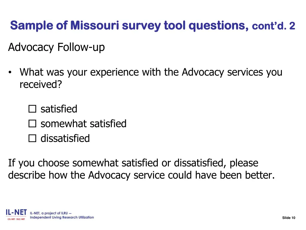 slide 10 sample of missouri survey tool questions