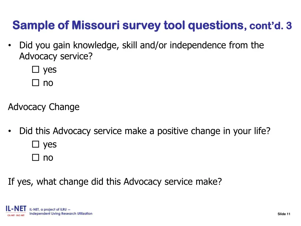 slide 11 sample of missouri survey tool questions