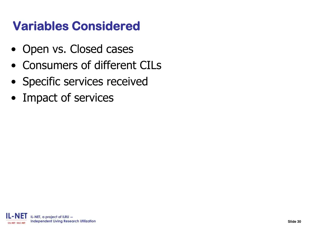 slide 30 variables considered variables considered