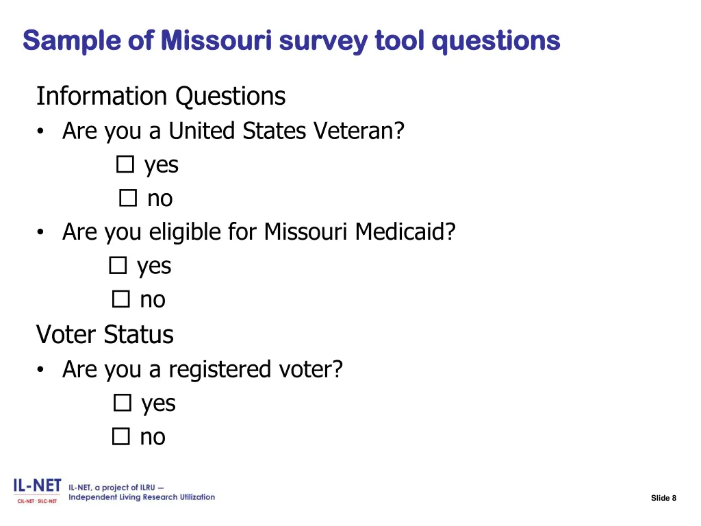 slide 8 sample of missouri survey tool questions