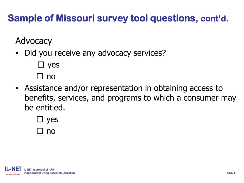 slide 9 sample of missouri survey tool questions