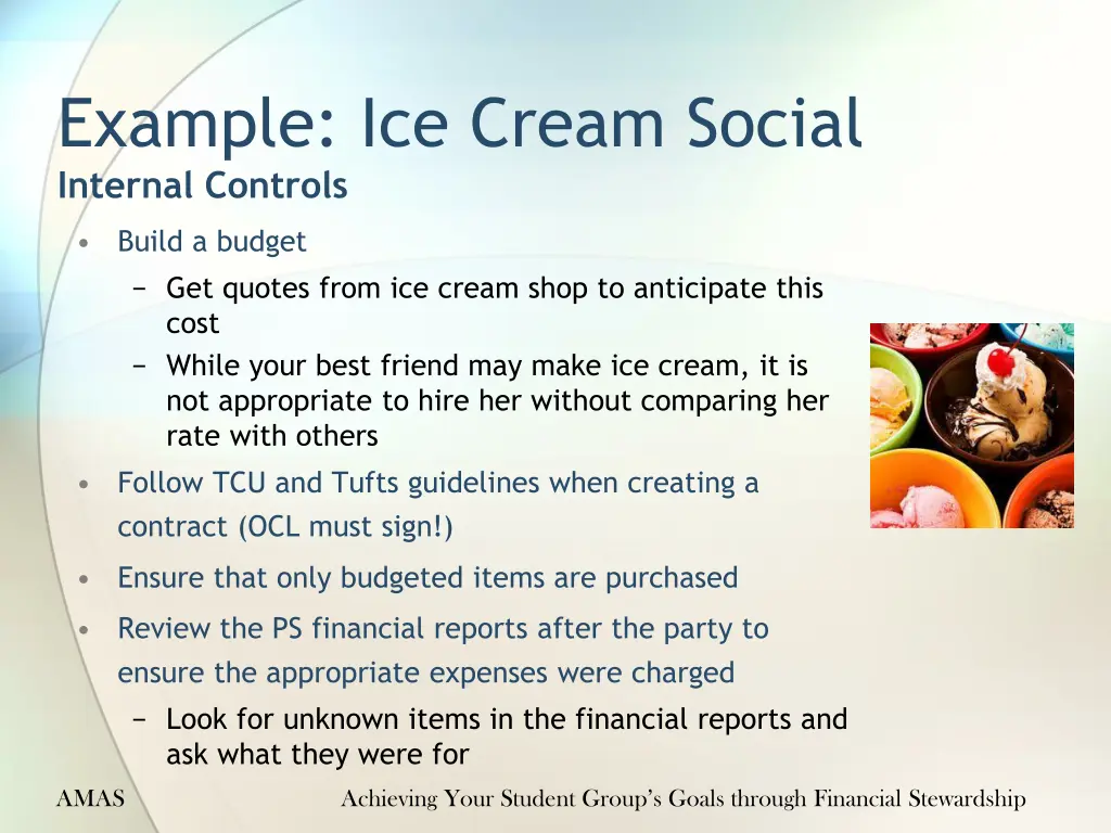 example ice cream social internal controls