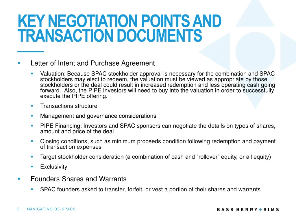 key negotiation points and transaction documents