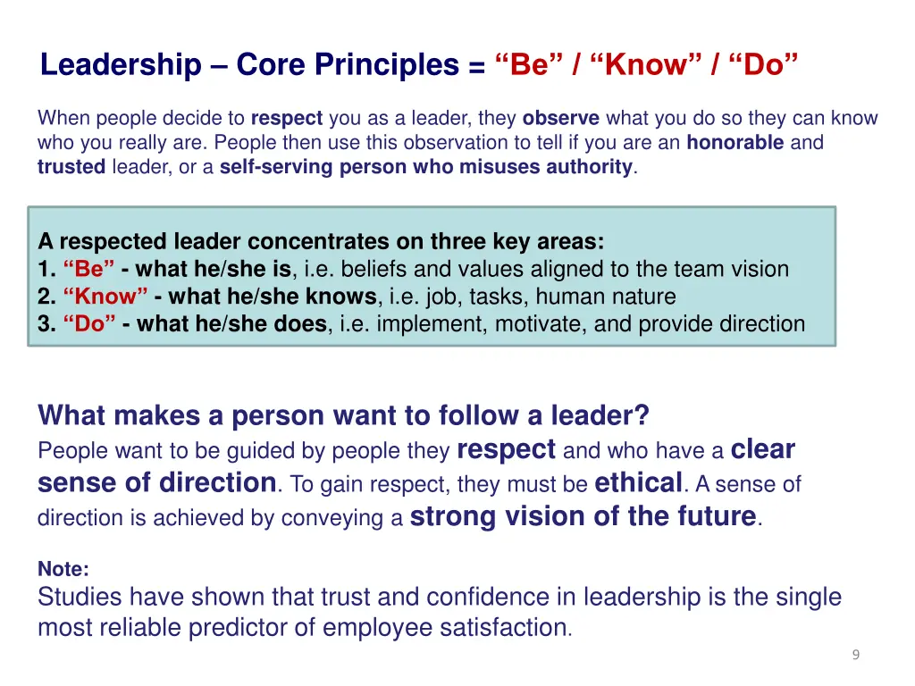 leadership core principles be know do